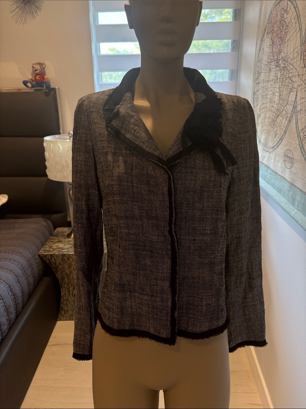 Jones Wear Black and Gray Tweed Bow-Accent Blazer